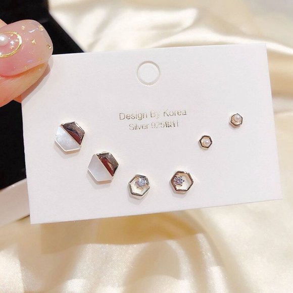 [3 Pairs] 925 Sterling Silver Diamond Earrings D - Picture 2 of 4